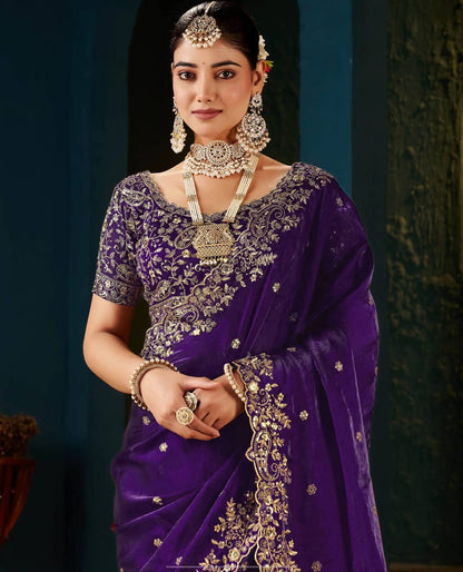 Purple Tissue Satin Sequence Embroidery Saree