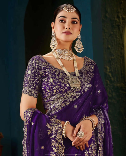 Purple Tissue Satin Sequence Embroidery Saree