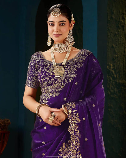 Purple Tissue Satin Sequence Embroidery Saree
