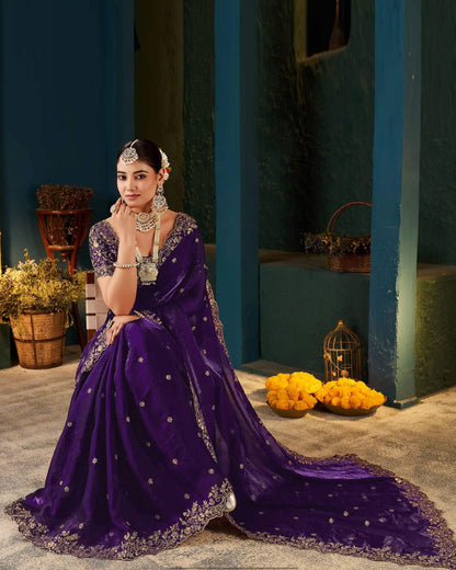 Purple Tissue Satin Sequence Embroidery Saree