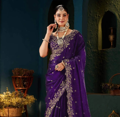 Purple Tissue Satin Sequence Embroidery Saree