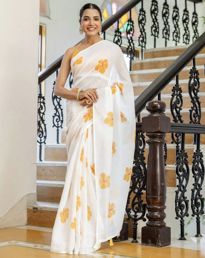 Off White Linen Floral Printed Saree
