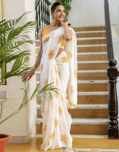 Off White Linen Floral Printed Saree