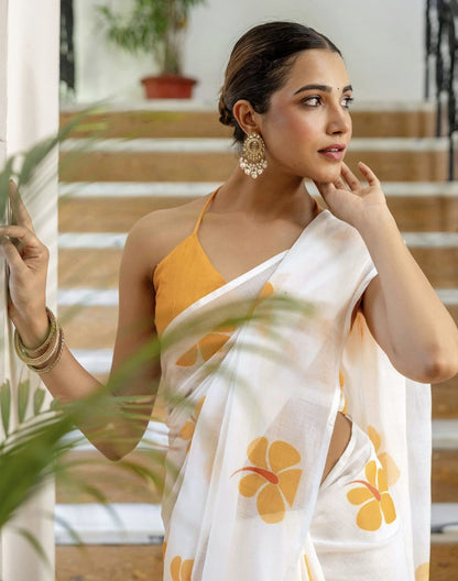 Off White Linen Floral Printed Saree