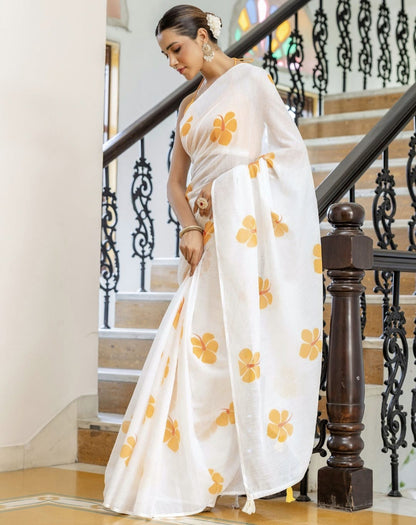 Off White Linen Floral Printed Saree