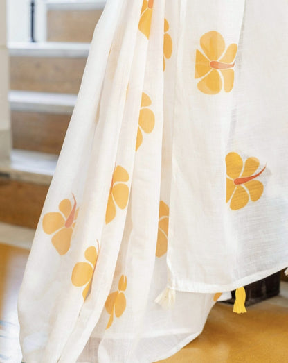 Off White Linen Floral Printed Saree