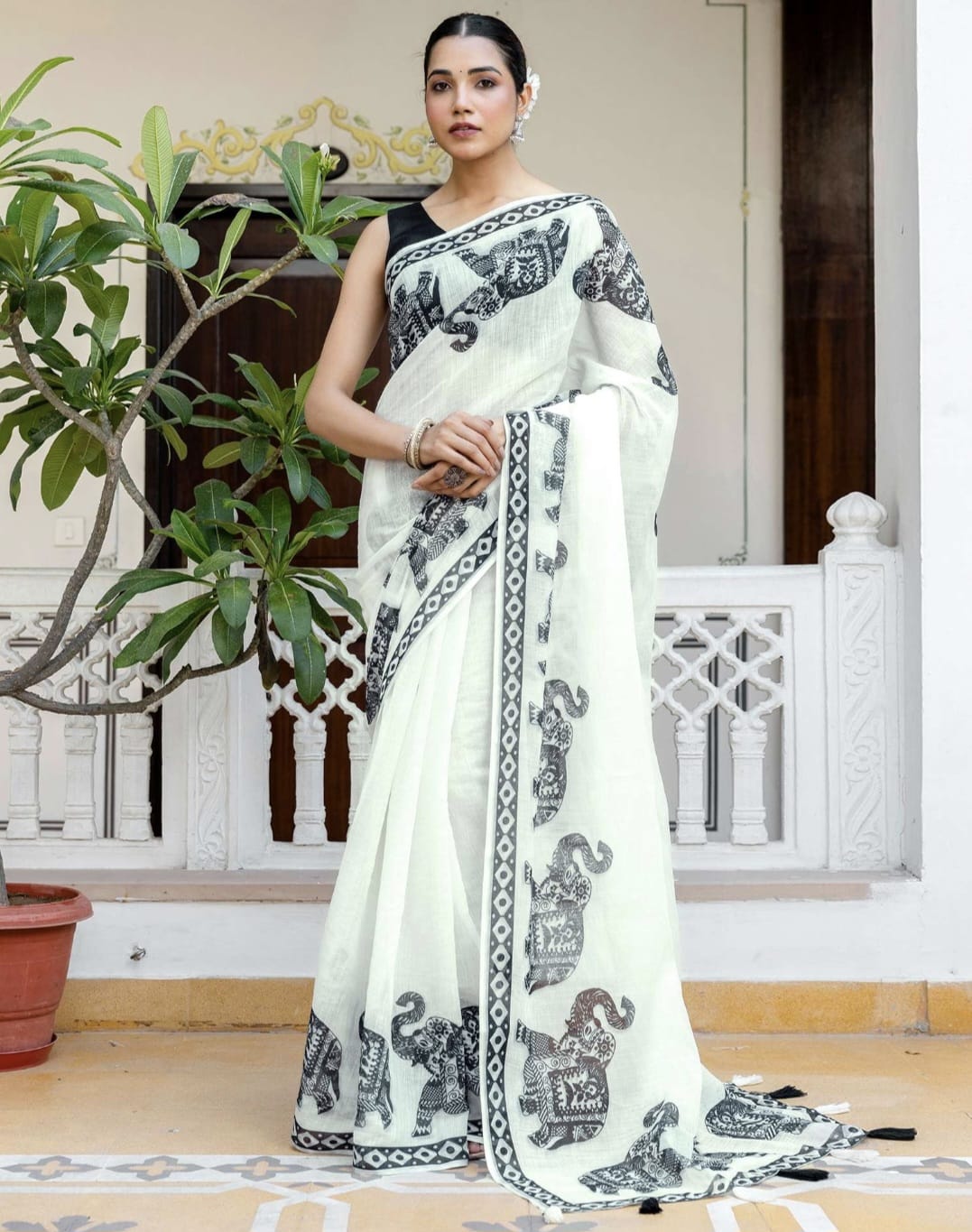 White Linen Printed Saree