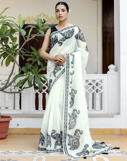White Linen Printed Saree