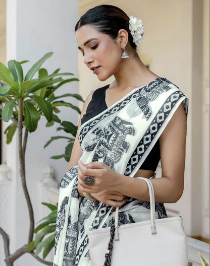 White Linen Printed Saree