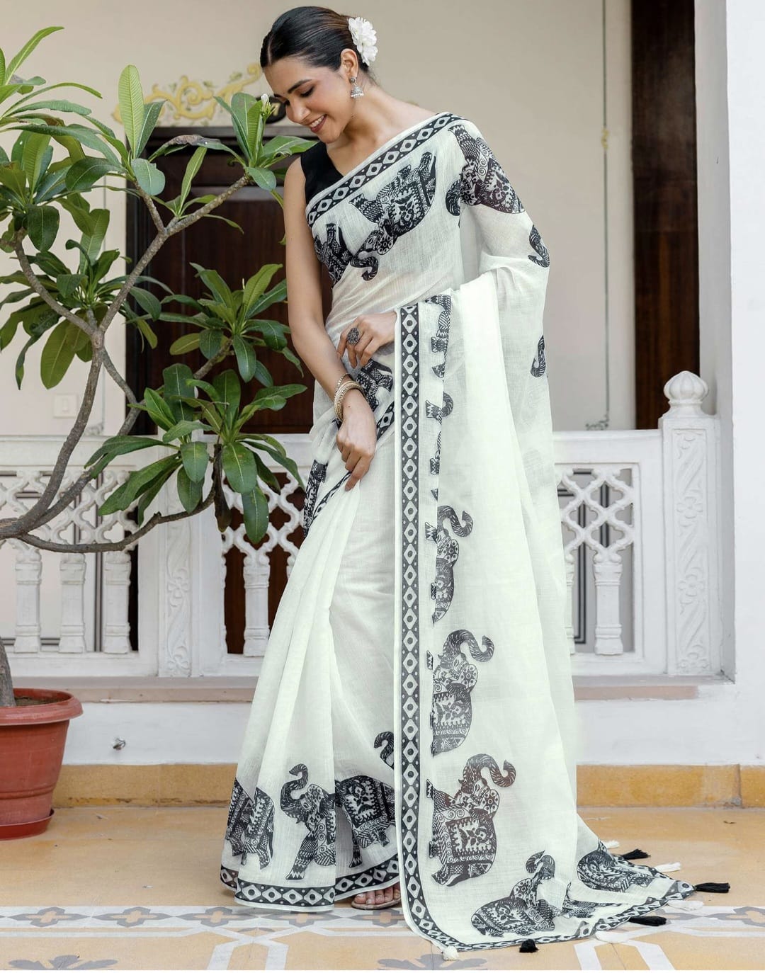 White Linen Printed Saree