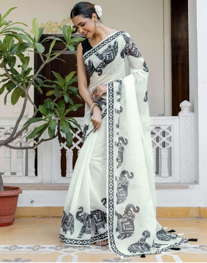 White Linen Printed Saree