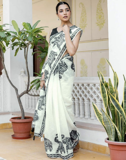 White Linen Printed Saree