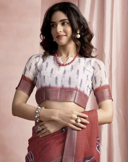 Brown Cotton Linen Printed Saree