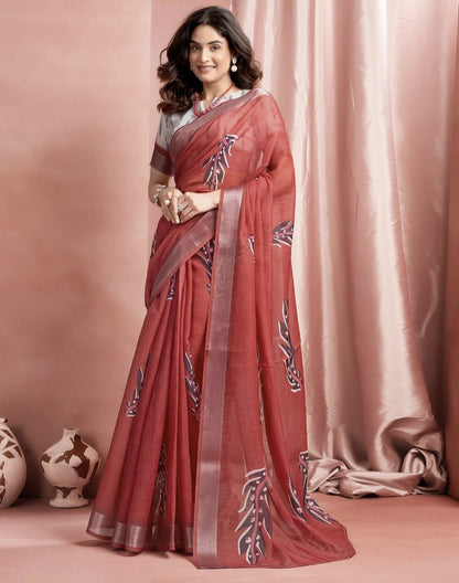 Brown Cotton Linen Printed Saree