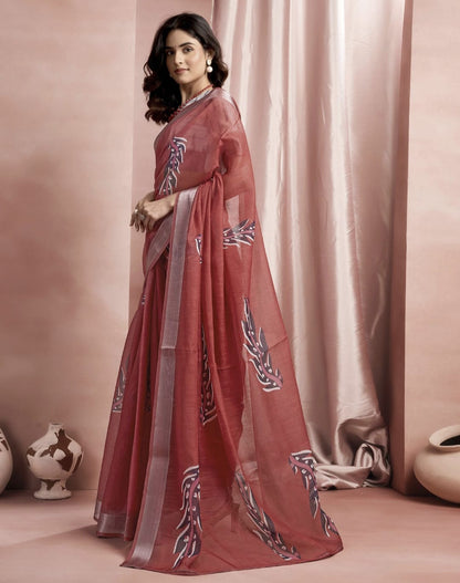 Brown Cotton Linen Printed Saree