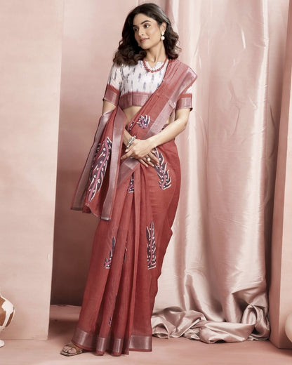 Brown Cotton Linen Printed Saree