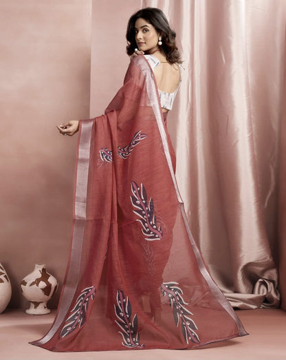 Brown Cotton Linen Printed Saree