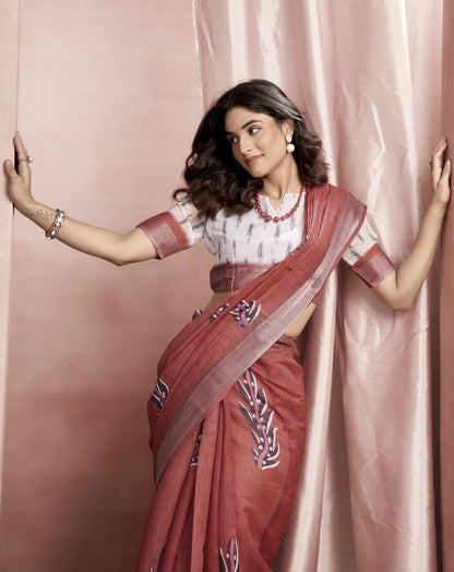 Brown Cotton Linen Printed Saree