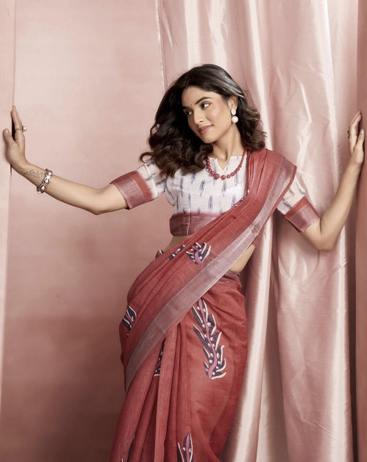 Brown Cotton Linen Printed Saree