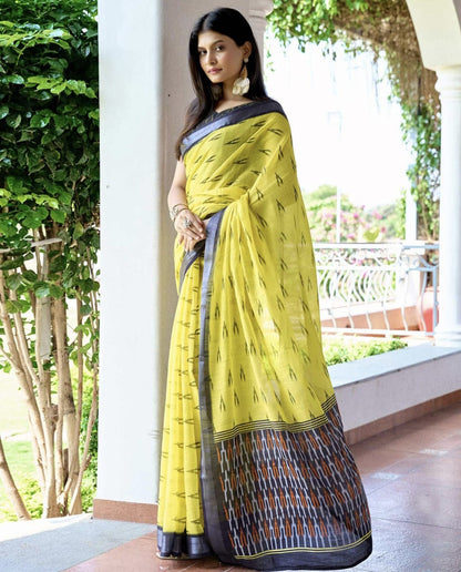 Yellow Linen Ikkat Printed Saree