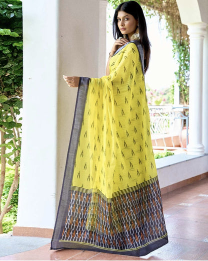 Yellow Linen Ikkat Printed Saree