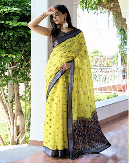 Yellow Linen Ikkat Printed Saree