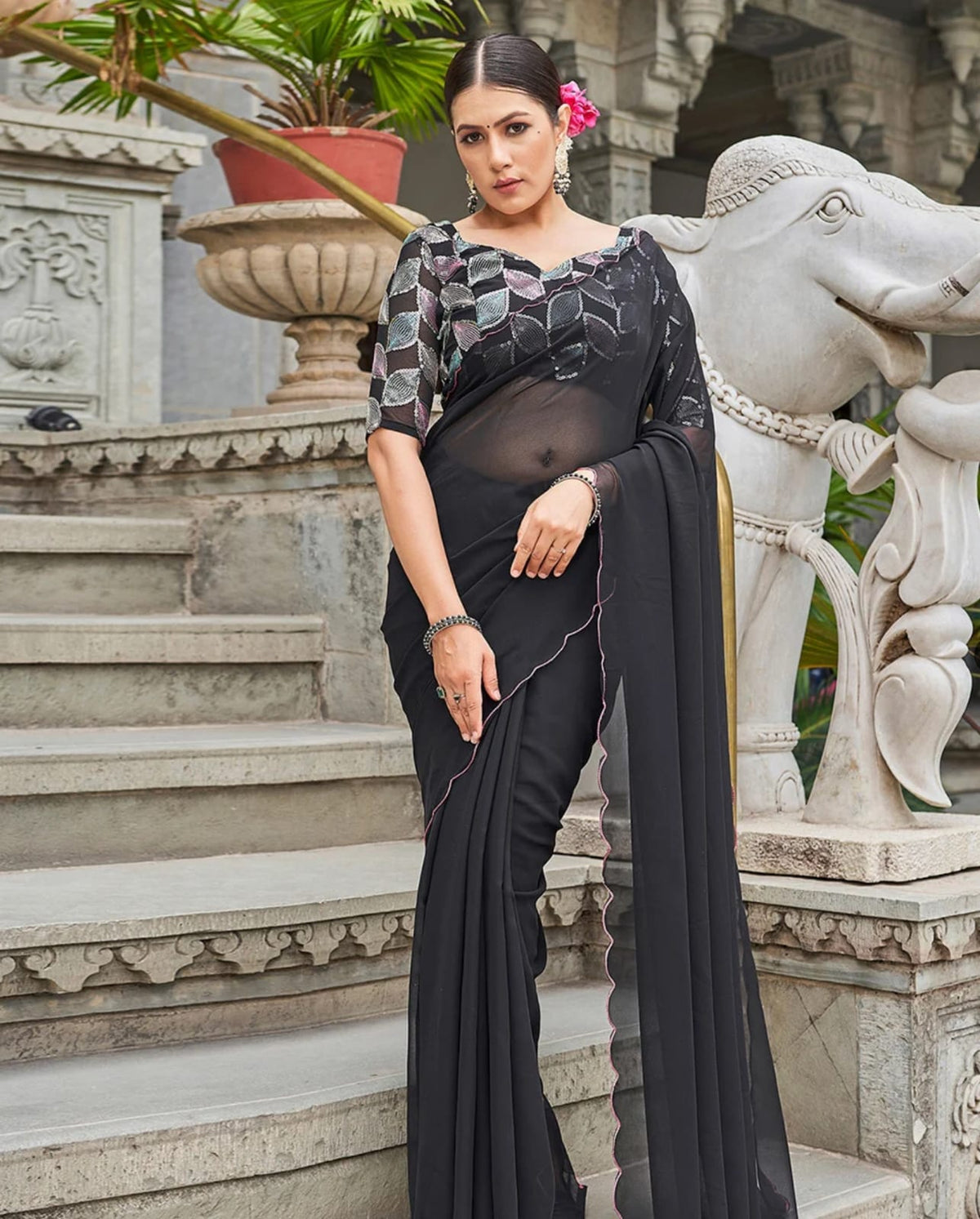 TAGALE Embroidered Bollywood Georgette Saree(Black)