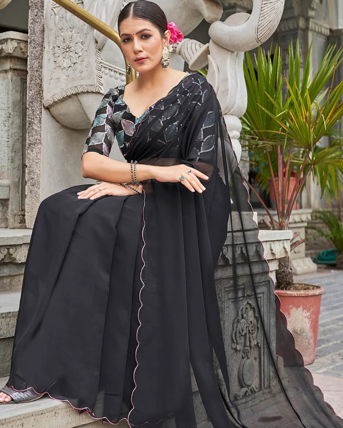 TAGALE Embroidered Bollywood Georgette Saree(Black)