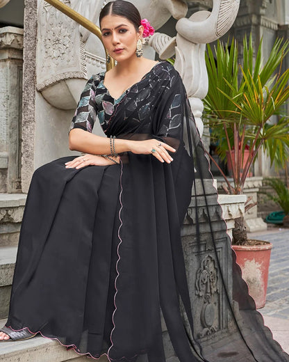 TAGALE Embroidered Bollywood Georgette Saree(Black)