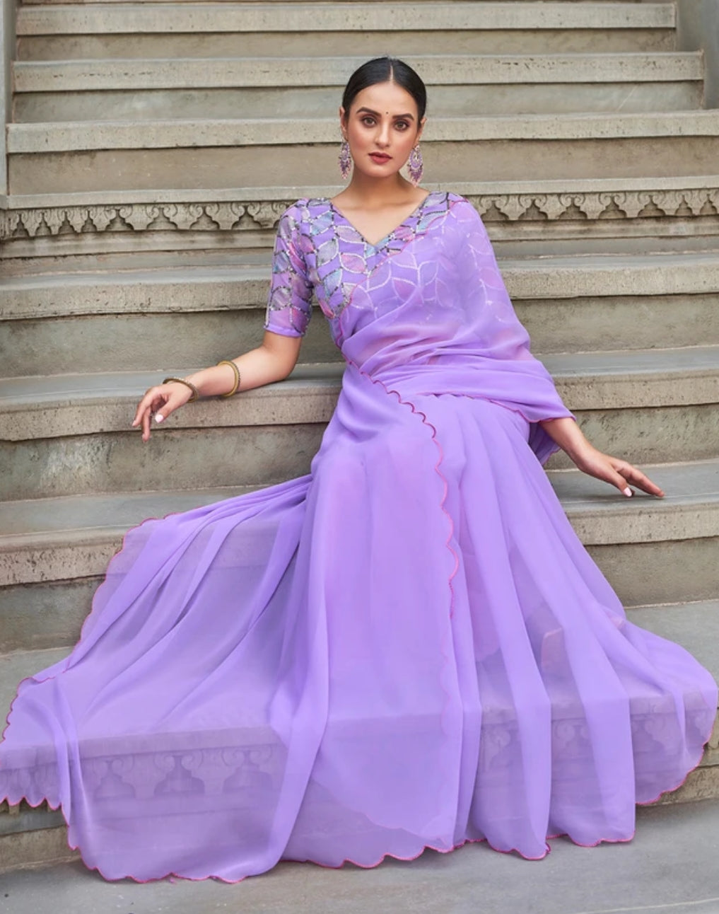 TAGALE Embroidered Bollywood Georgette Saree(Lavender)