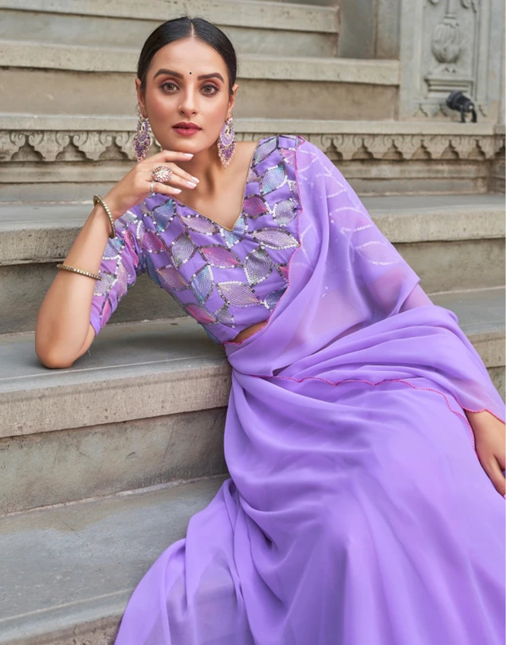 TAGALE Embroidered Bollywood Georgette Saree(Lavender)