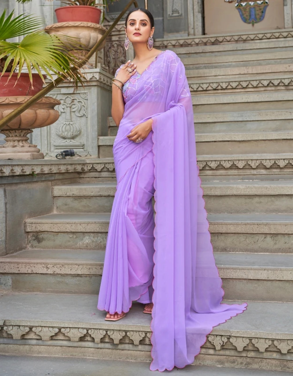 TAGALE Embroidered Bollywood Georgette Saree(Lavender)
