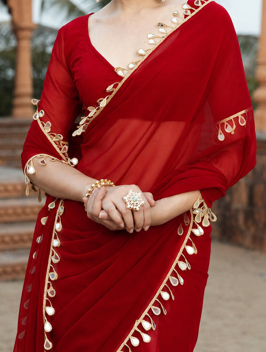 Elegant Party Wear Red Georgette Saree