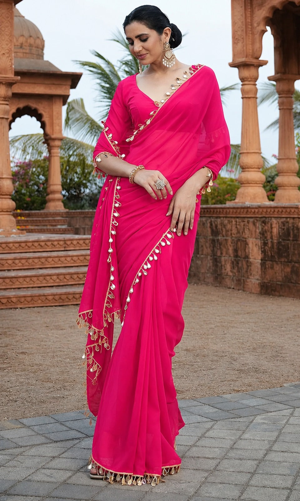 Elegant Party Wear Pink Georgette Saree