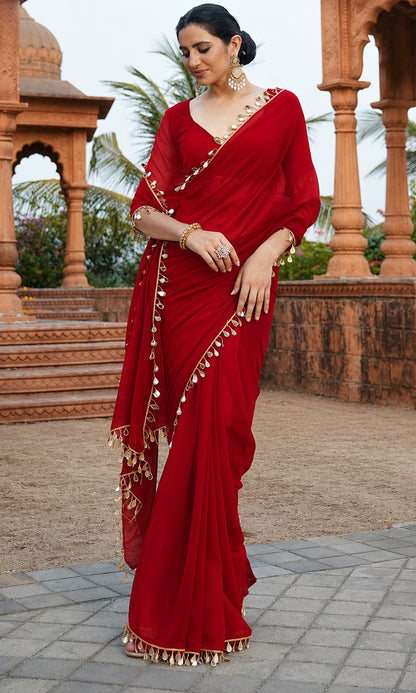 Elegant Party Wear Red Georgette Saree