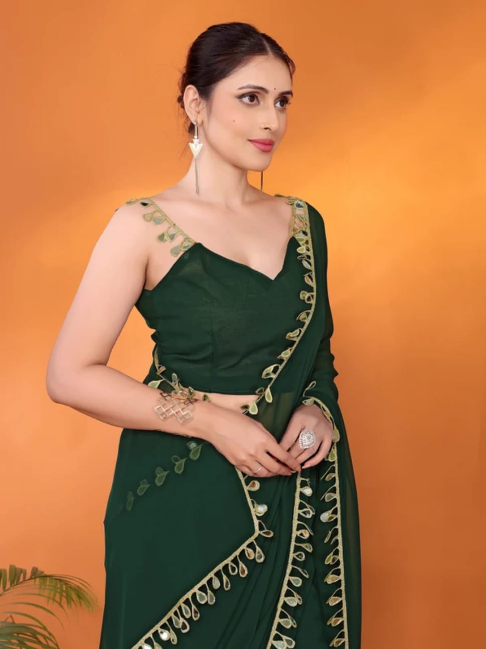 Elegant Party Wear Green Georgette Saree