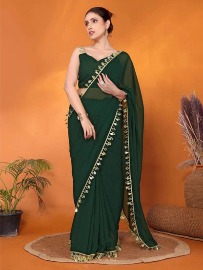 Elegant Party Wear Green Georgette Saree