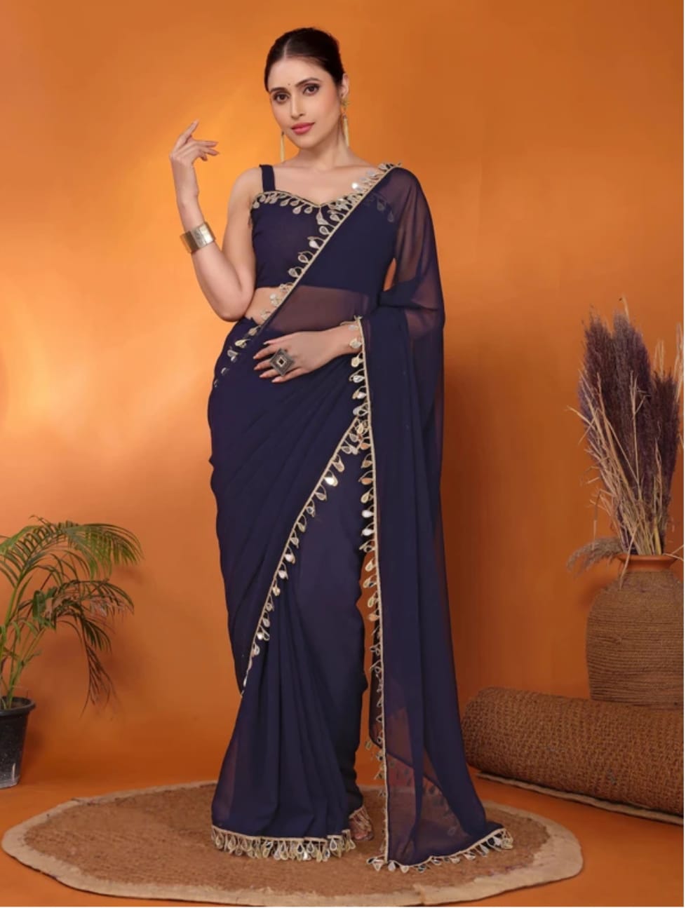 Elegant Party Wear Nevy Blue Georgette Saree