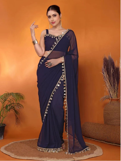 Elegant Party Wear Nevy Blue Georgette Saree