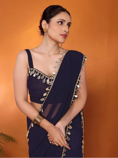 Elegant Party Wear Nevy Blue Georgette Saree