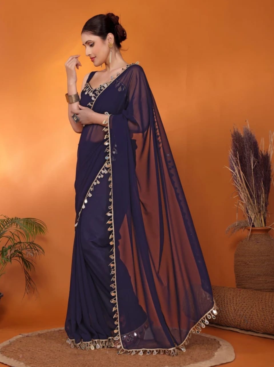 Elegant Party Wear Nevy Blue Georgette Saree
