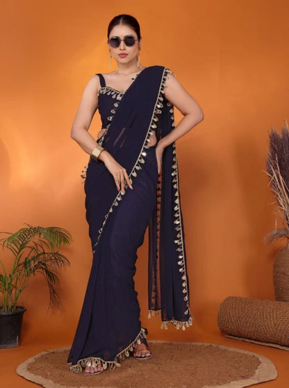Elegant Party Wear Nevy Blue Georgette Saree