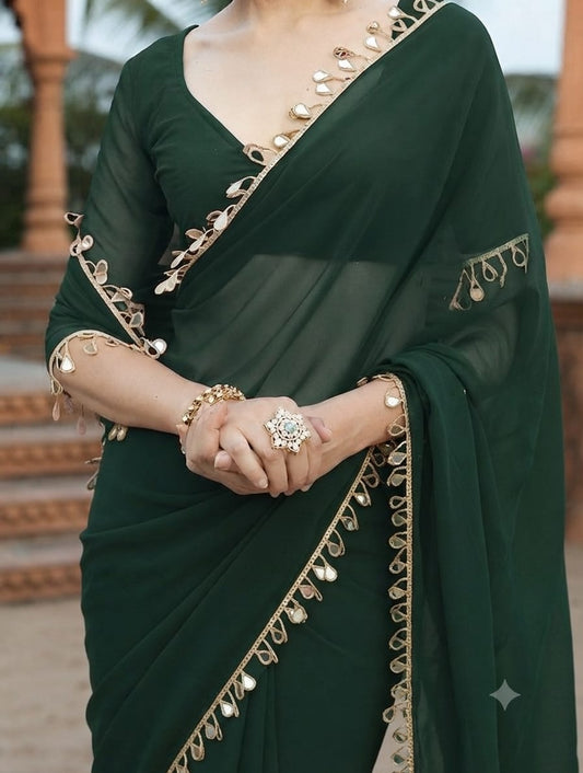Elegant Party Wear Green Georgette Saree