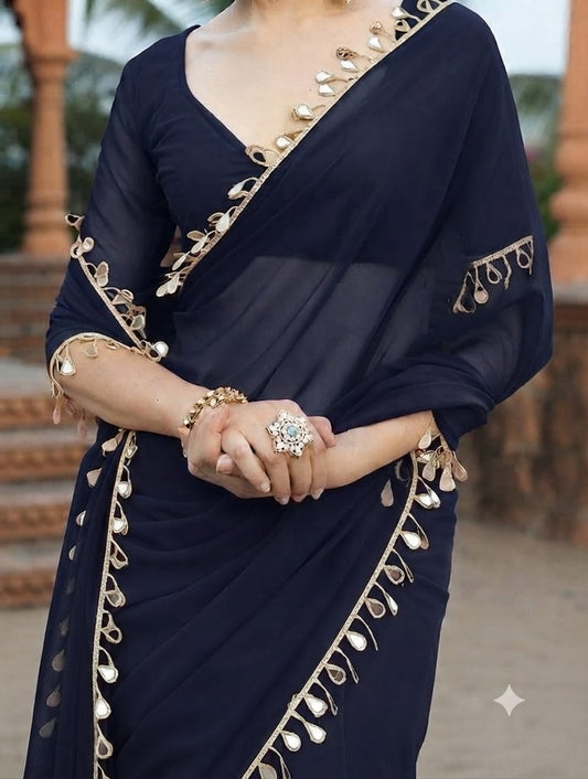 Elegant Party Wear Nevy Blue Georgette Saree