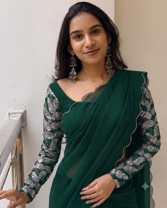 Green Embroidered Saree with Designer Floral Work Blouse