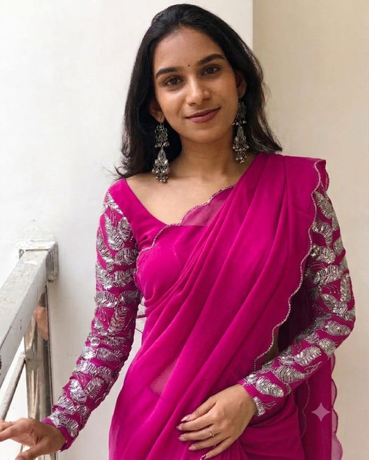 Pink Embroidered Saree with Designer Floral Work Blouse