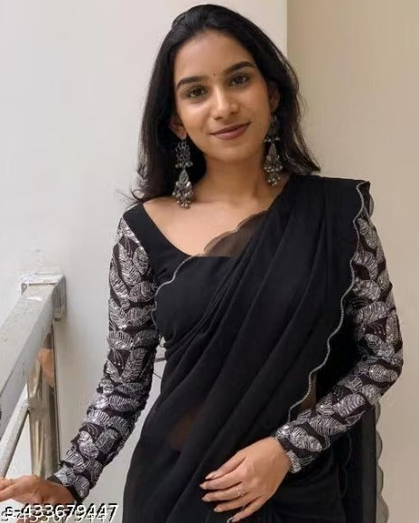 Black Embroidered Saree with Designer Floral Work Blouse