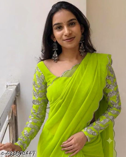 Neon Green Embroidered Saree with Designer Floral Work Blouse