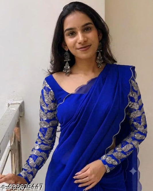 Blue Embroidered Saree with Designer Floral Work Blouse