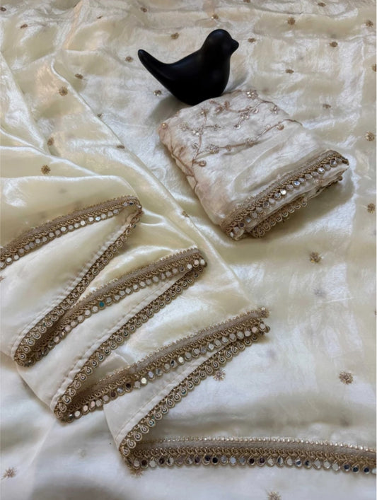 White Fendy Satin Saree with Heavy Embroidered Blouse | Mirror Work & Gota Patti Designer Saree